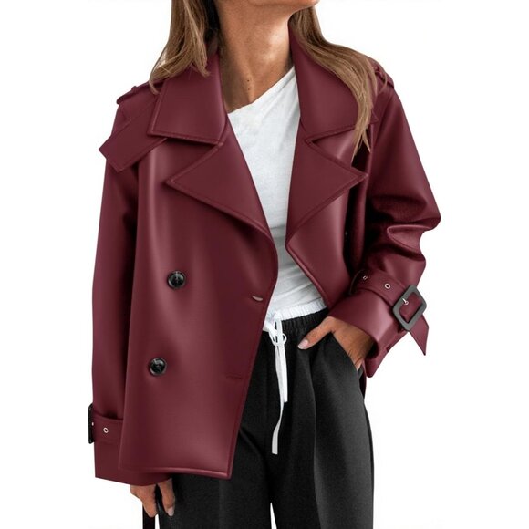 Womens burgundy Leather Oversized Button Down Motorcycle Jacket Fall Outer - Picture 1 of 6